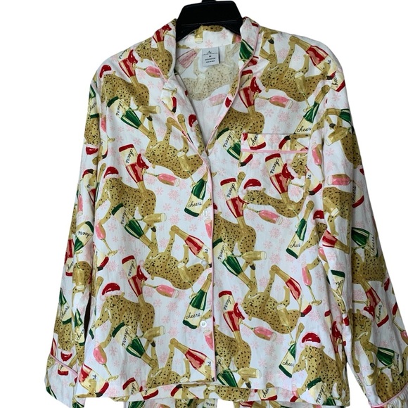 8 Oak Lane holiday leopard with Santa hat and champagne pajamas pant set. Size M - Picture 4 of 14